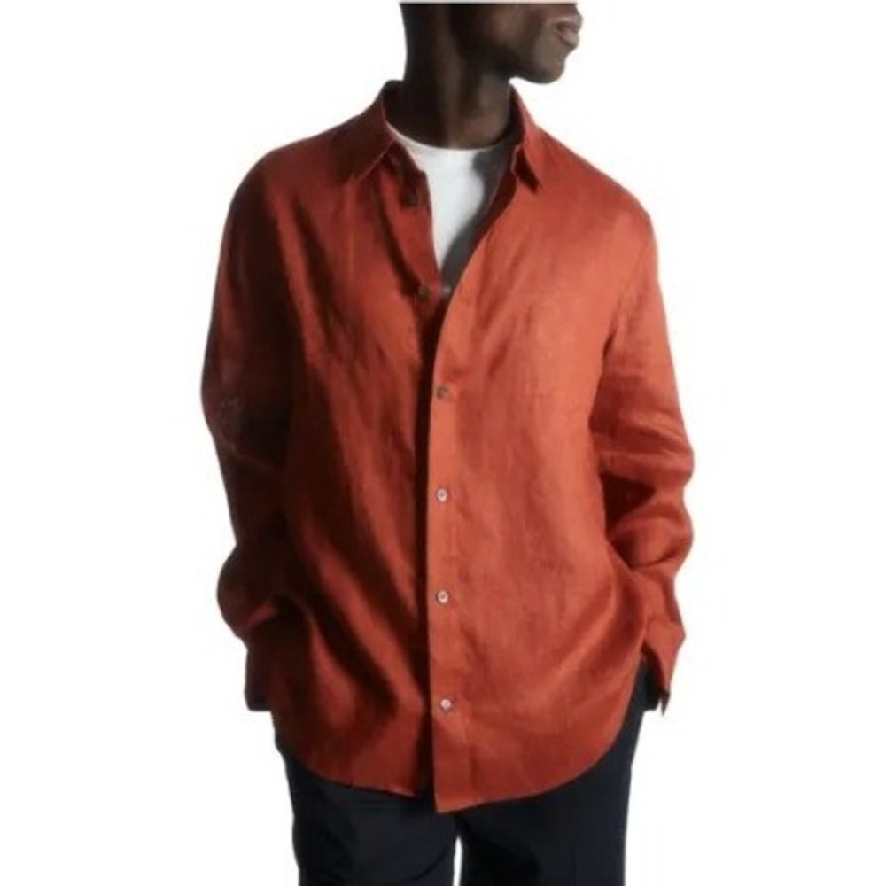NWT COS Mens Relaxed Fit 100% Linen Long Sleeve Button Down Shirt Orange Dark XS